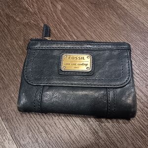 Vintage Fossil Dark Green  Leather Compact Wallet with Gold Plaque